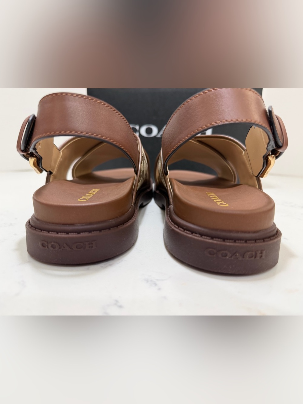 Coach Khaki Signature Canvas & Brown Leather Cross-Strap Sandals - Picture 8 of 14